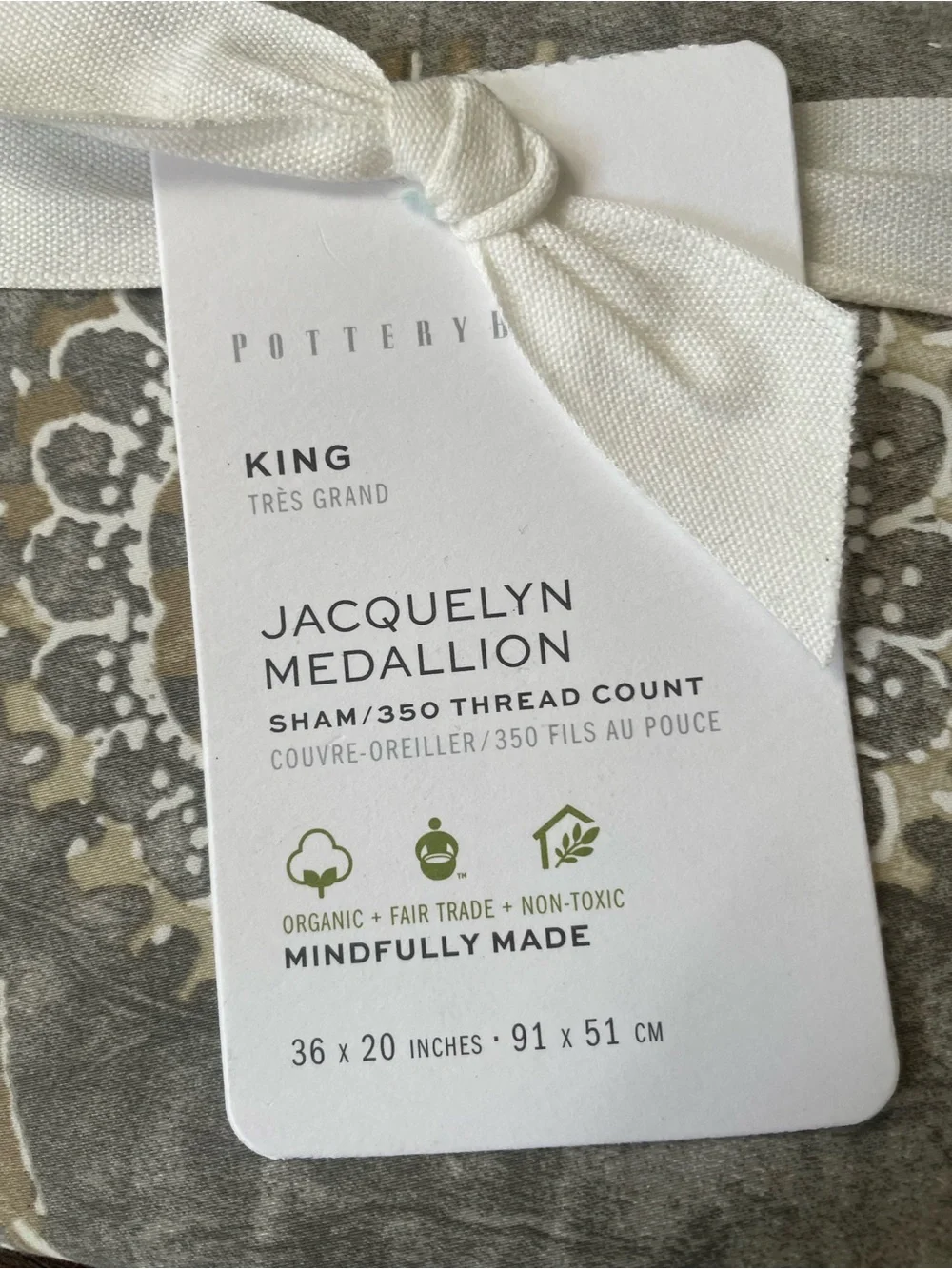 Pottery Barn Jacquelyn Madallion Sham King Gray 36x20” Organic Cotton NWT